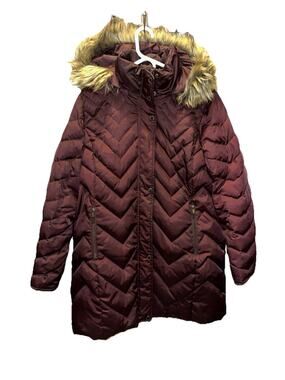 Reaction Kenneth Cole Hooded Down Longline Puffer Jacket Coat Faux Fur Trim S XL